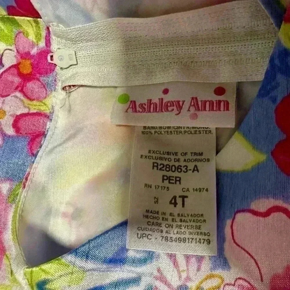 Ashley Ann Girls Floral Party Dress 4T Pink Blue Easter Spring Bow Waist Dress